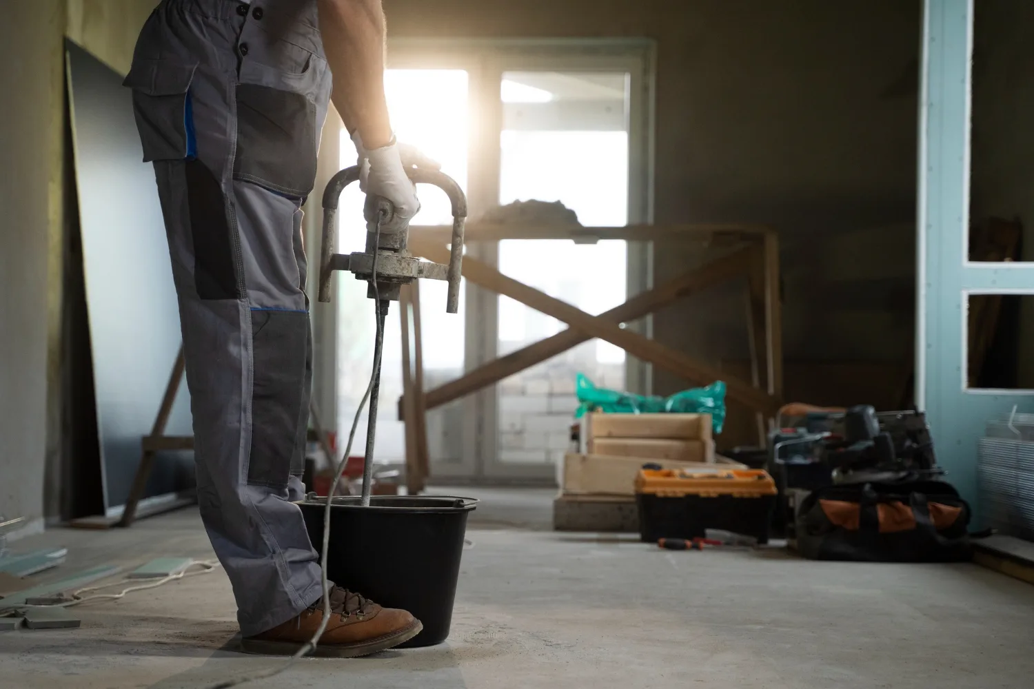 Handwerker rührt Spachtelmasse auf einer Baustelle an